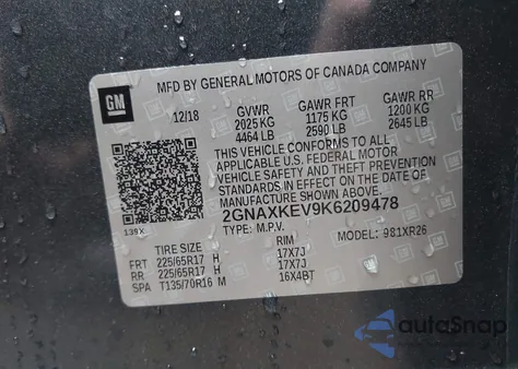 2019 Chevrolet Equinox Lt from USA, damaged, VIN 2GNAXKEV9K6209478